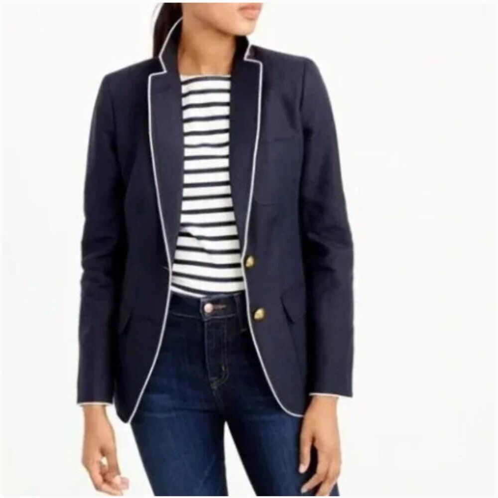 J. Crew Linen Rhodes Blazer in Navy with White Piping and Nautical Buttons - Picture 2 of 16